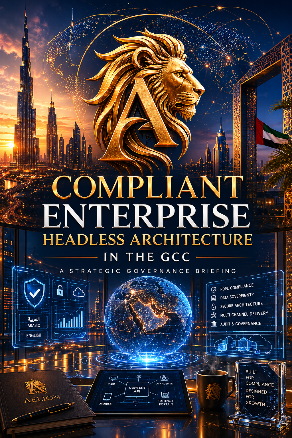 Title attribute format: Compliant Enterprise Headless Architecture in the GCC: A Strategic Governance Briefing An executive digital graphic titled "Compliant Enterprise Headless Architecture in the GCC." Features a golden lion logo merged with the letter "A" over a Dubai skyline. A central holographic globe highlights the Middle East, surrounded by blue tech interfaces listing "PDPL Compliance" and "Data Sovereignty." The foreground shows a desk with an "Aelion" notebook, a coffee mug, and a tablet mapping out a "Content API" connected to Web, Mobile, and AI channels.