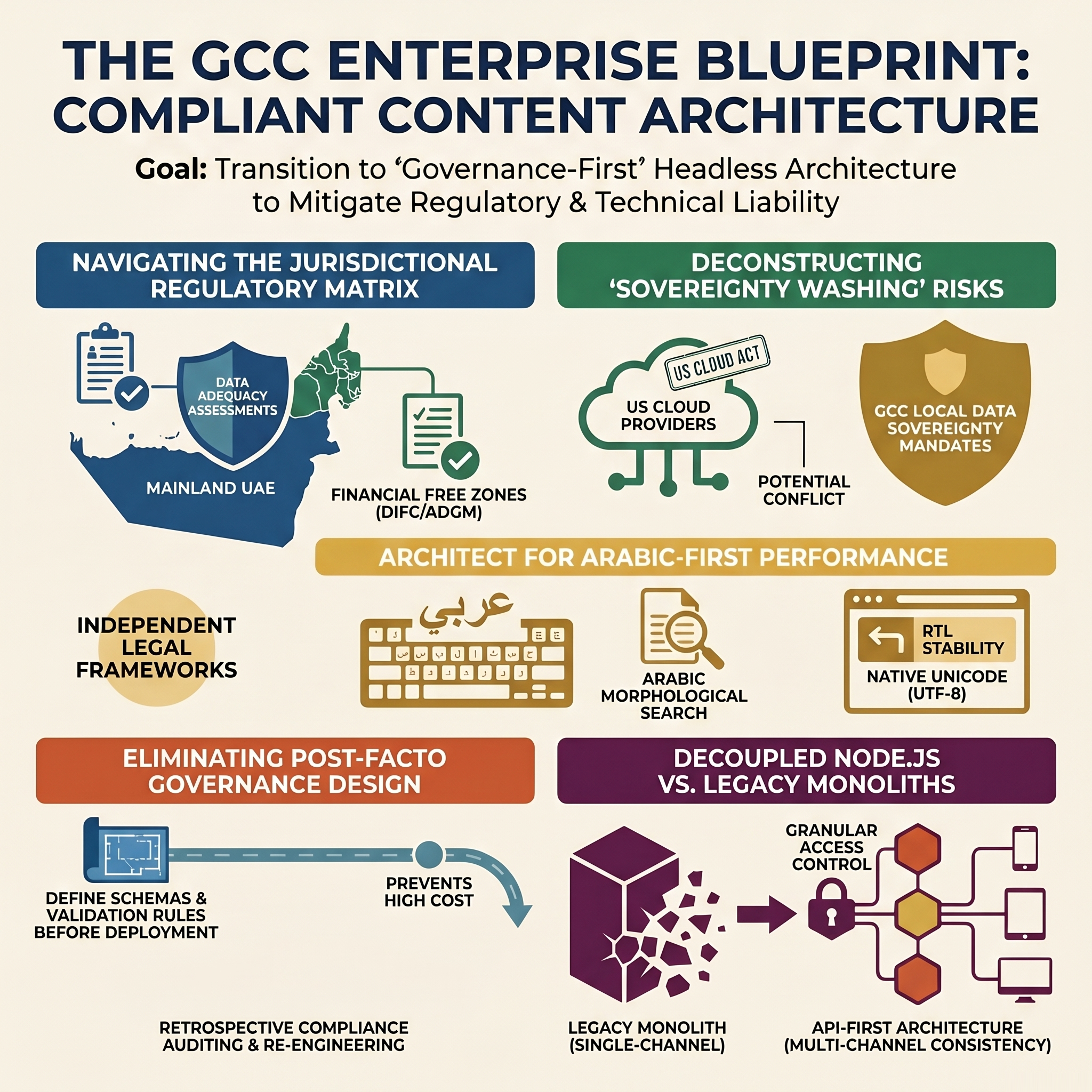 Title attribute format: Compliant Enterprise Headless Architecture in the GCC: A Strategic Governance Briefing An enterprise infographic titled "The GCC Enterprise Blueprint: Compliant Content Architecture." It breaks down 5 core strategies for moving to a governance-first headless setup, detailing regulatory differences between Mainland UAE and Free Zones (DIFC/ADGM), the operational risks of sovereignty washing between US Cloud providers and GCC local mandates, Arabic-first omnichannel content performance, eliminating post-facto governance via early content schema design, and transitioning safely from a legacy monolithic system to a decoupled, API-first architecture.